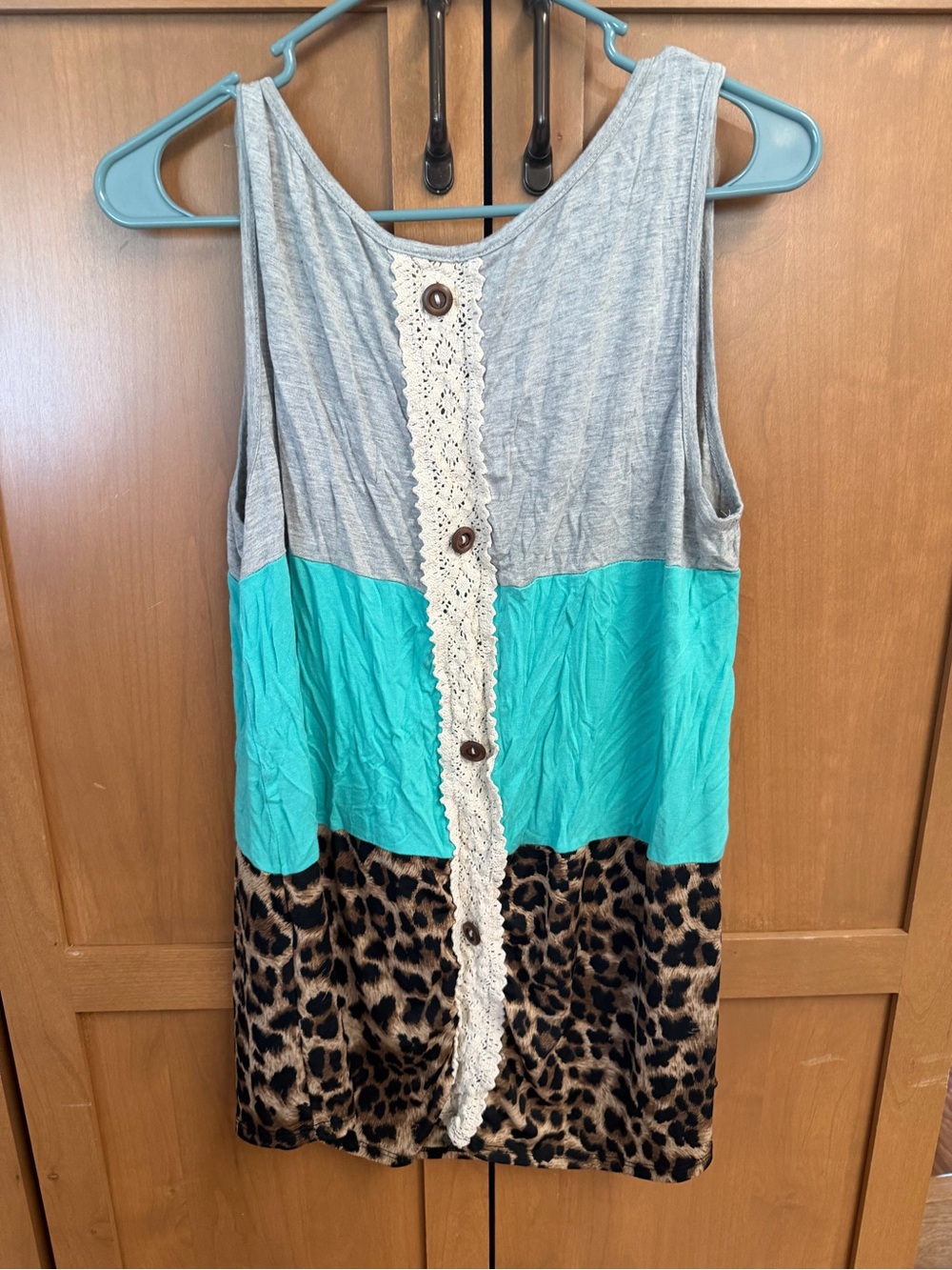 Girls' Teal & Leopard Colorblock Dress with Lace Trim